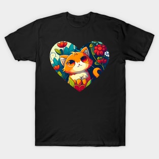 Cute Cat Heart In The Garden - Cat Flowers T-Shirt